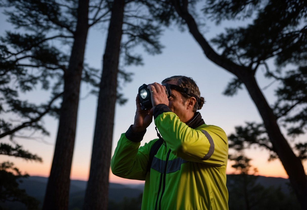 A bird watcher wearing a Princeton Tec Vizz 5 headlamp scans the treetops at dusk, the lightweight design allowing for easy movement and hands-free operation