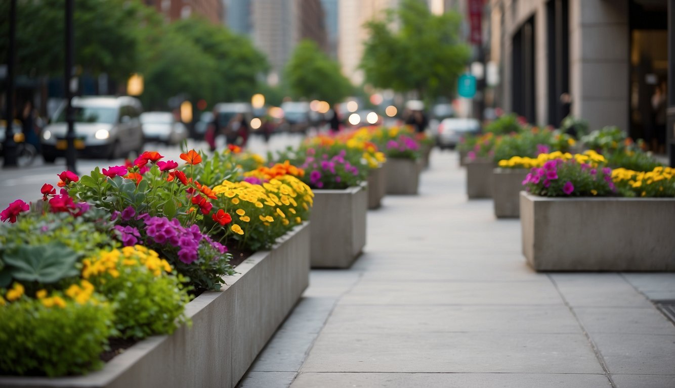 Concrete planter boxes line the urban sidewalk, filled with vibrant greenery and colorful flowers, adding a touch of nature to the bustling cityscape