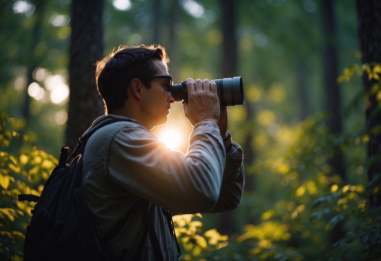 A birdwatcher wearing a lightweight headlamp scans the forest at dusk, illuminating the branches and foliage while keeping their hands free for binoculars