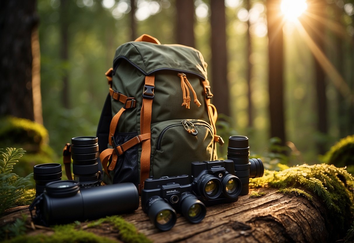 A forest clearing with a birdwatcher's backpack, binoculars, and 5 different lightweight headlamps laid out on a log. The sun is setting, casting a warm glow on the scene