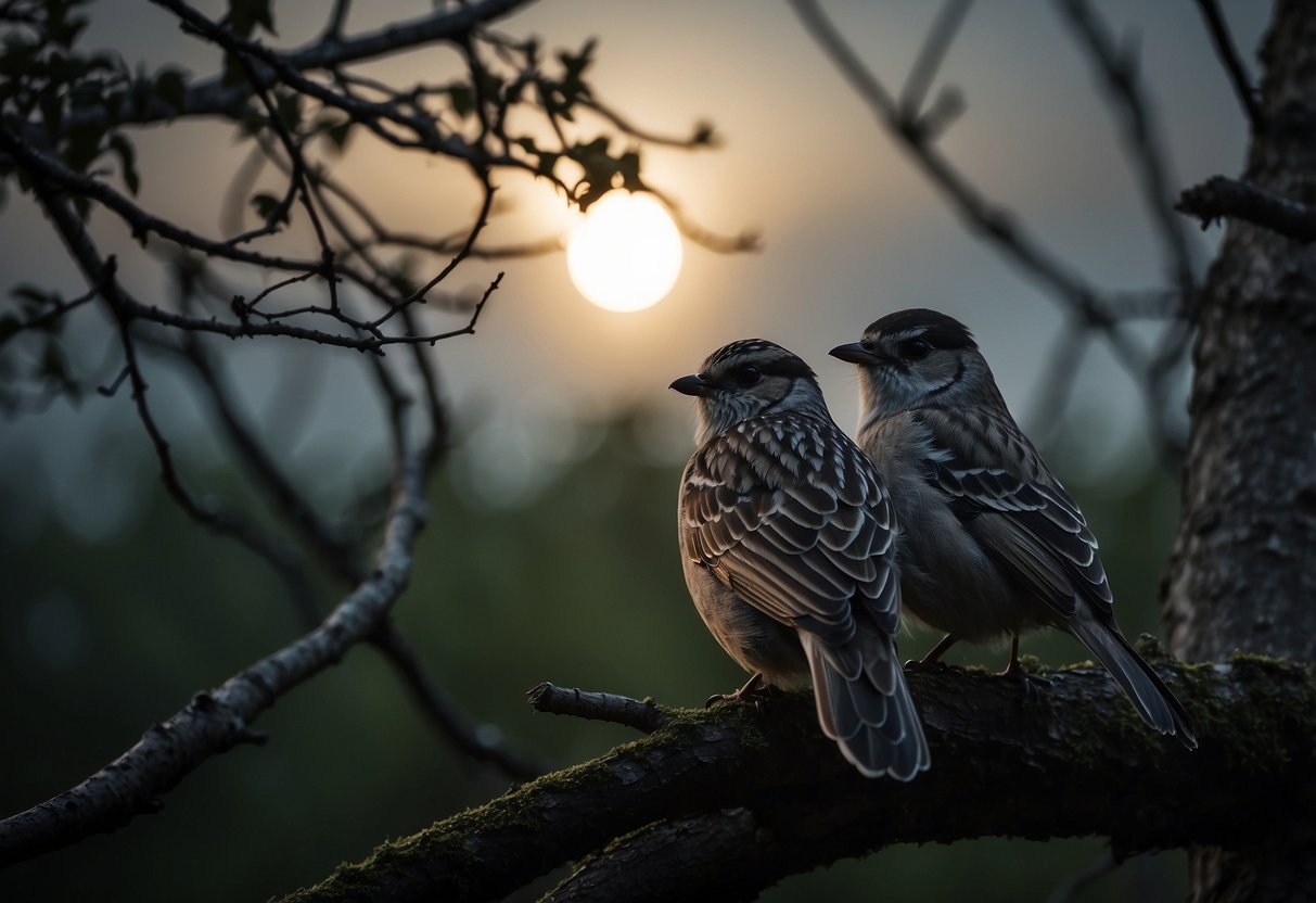 Birdwatching scene: Headlamp illuminates a pair of binoculars pointed towards a tree. Bird silhouettes are visible in the branches against a dark sky