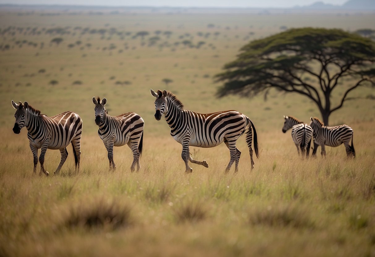 Vast grasslands with scattered acacia trees, zebras and wildebeests grazing, while colorful birds swoop and chirp in Serengeti National Park, Tanzania