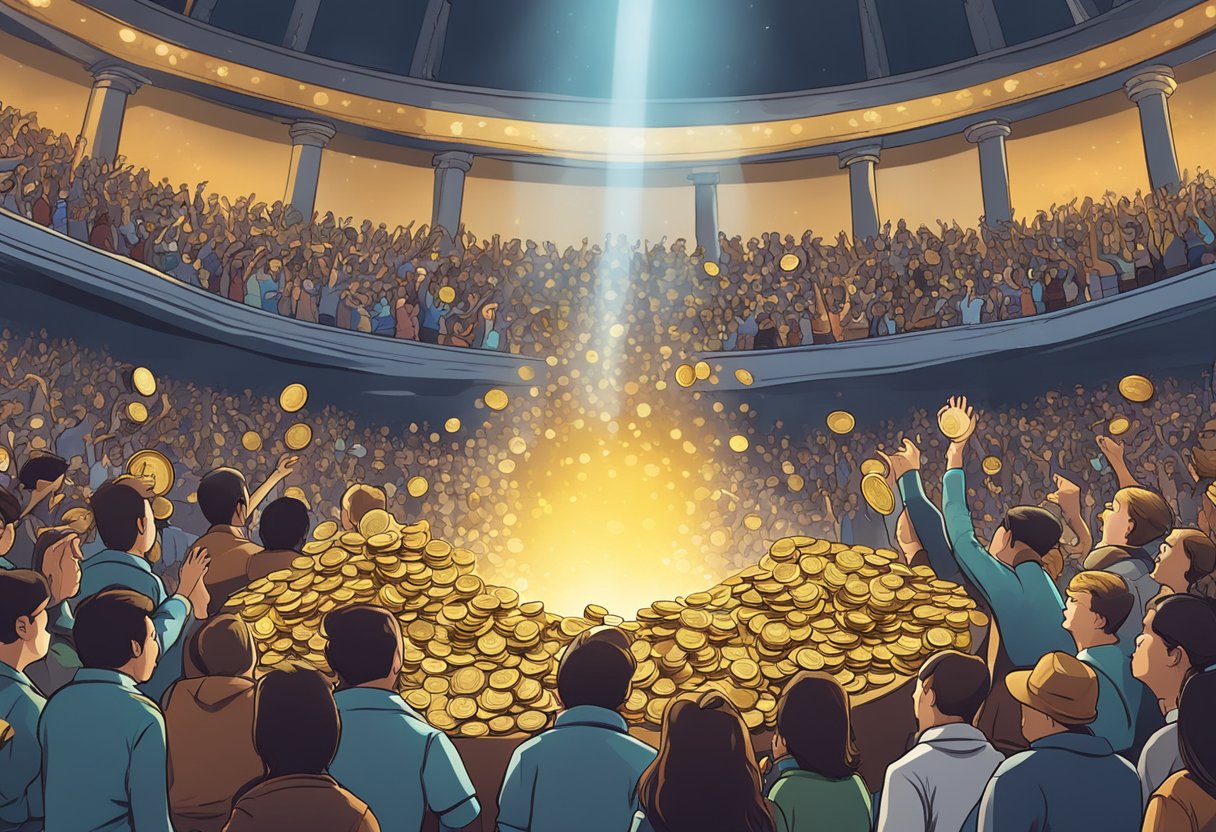 A bright spotlight shines on a towering stack of gold coins, surrounded by a crowd of cheering fans. A banner above reads "Rise to Stardom: What Happened to Mr. Beast."