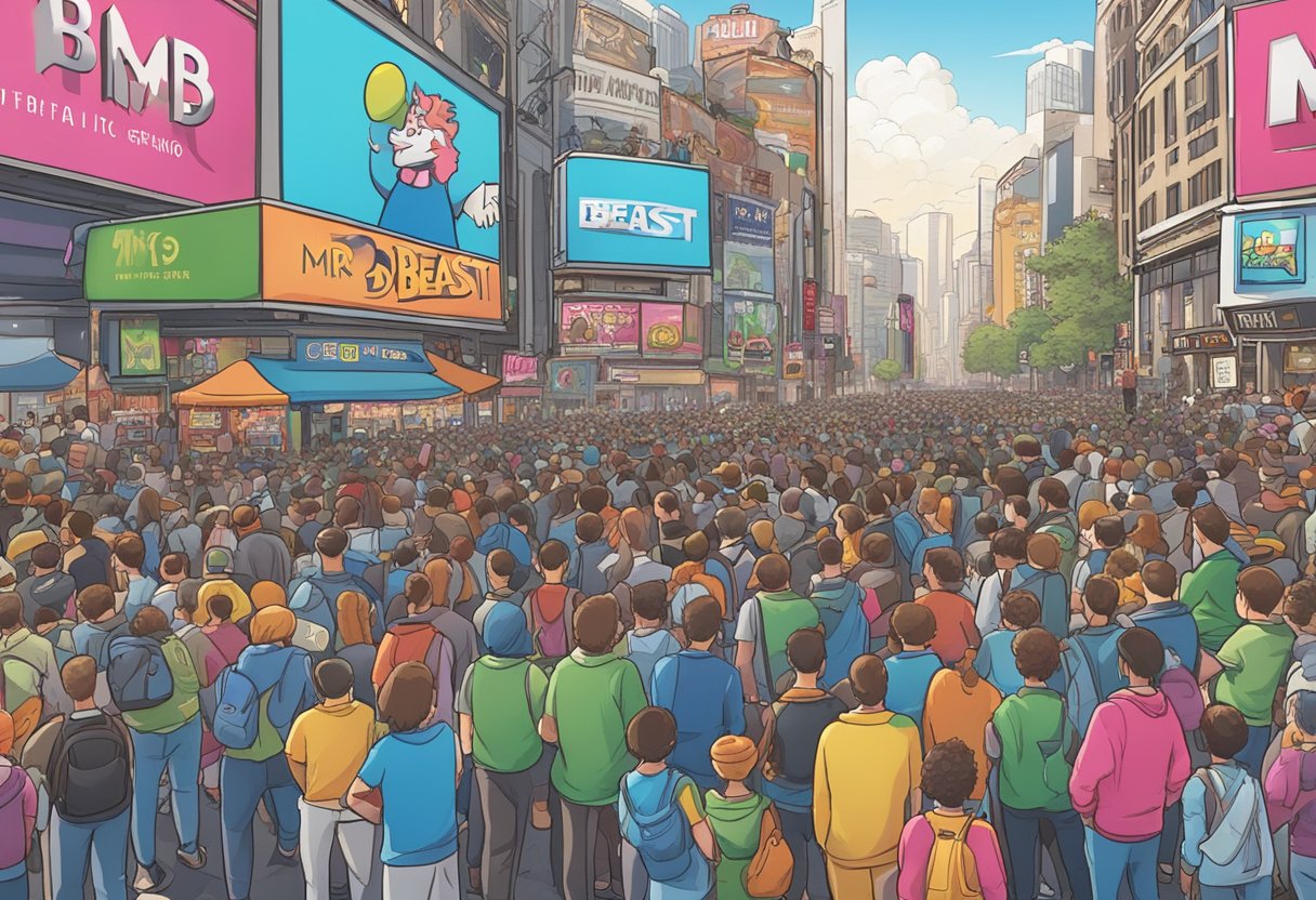 A bustling city street with billboards featuring "Mr. Beast" brand logos. Crowds gather around a new business venture, eager to see what happened to the popular figure