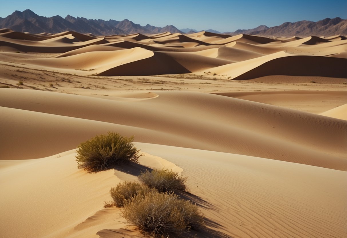 Vast desert landscape with towering sand dunes and sparse vegetation. Flocks of colorful birds soar and perch in the clear blue sky