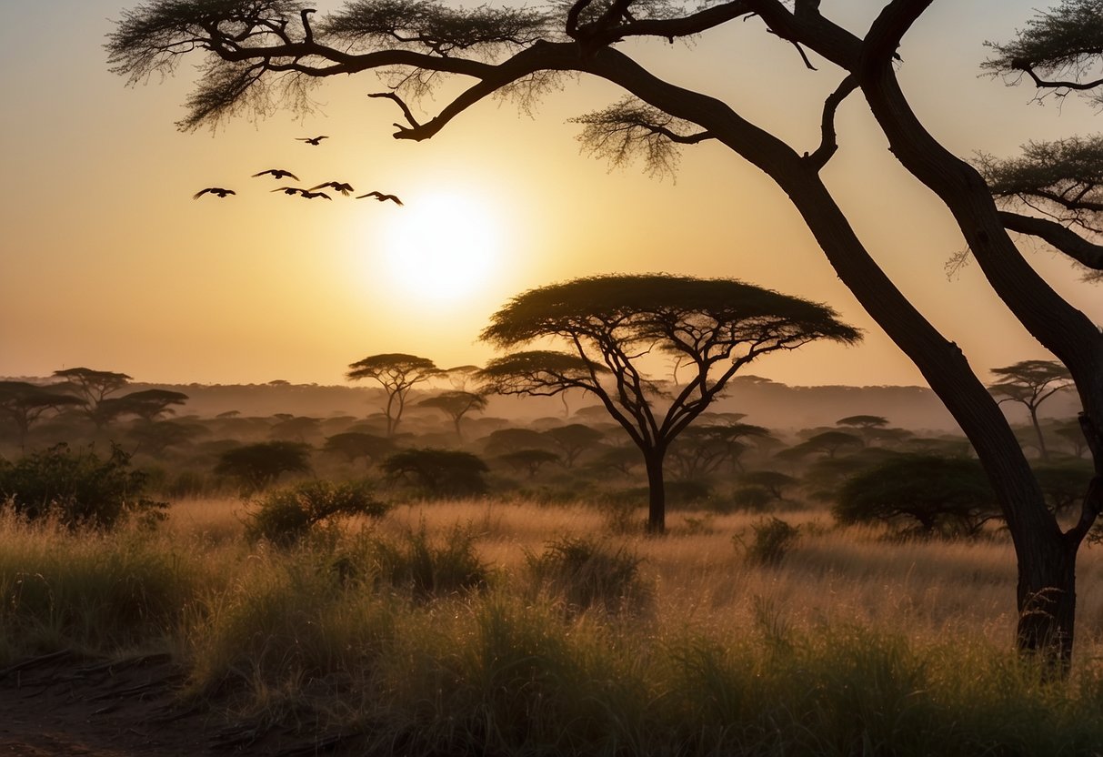 African savanna at sunrise, birds in flight and perched on trees, diverse vegetation, clear blue sky, peaceful ambiance