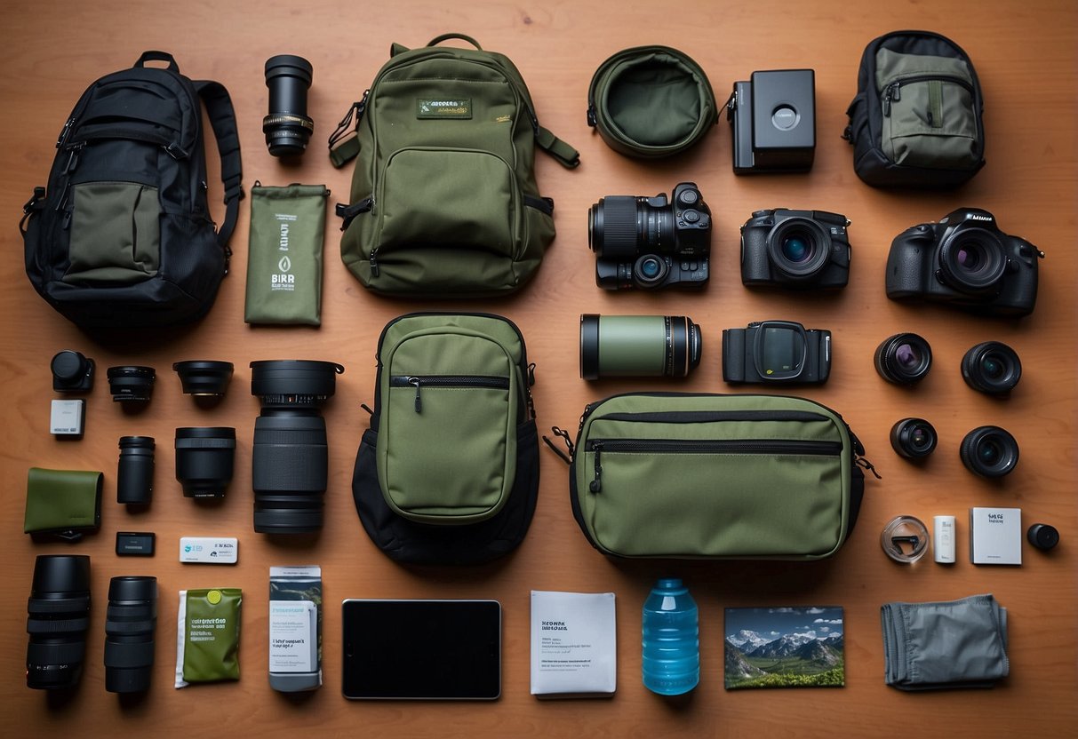 Bird watching gear laid out: binoculars, lightweight camera, compact field guide, collapsible tripod, water bottle, energy bars, and small backpack