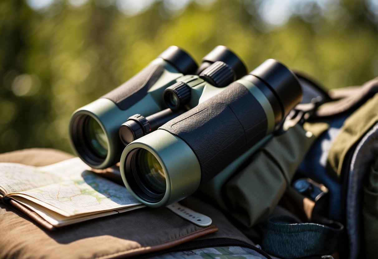 A pair of lightweight binoculars lies atop a backpack, surrounded by a map, water bottle, and bird guide. The sun shines down on the gear, highlighting the compact and efficient setup for a bird watching trip