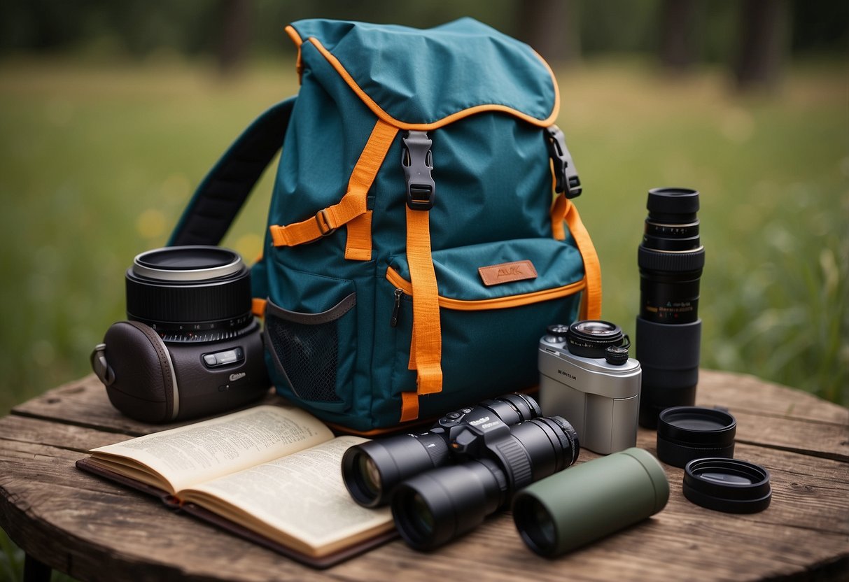 A backpack with binoculars, a camera, and a field guide. Lightweight clothing and a water bottle. A small, portable chair and a collapsible tripod. A map and a notebook