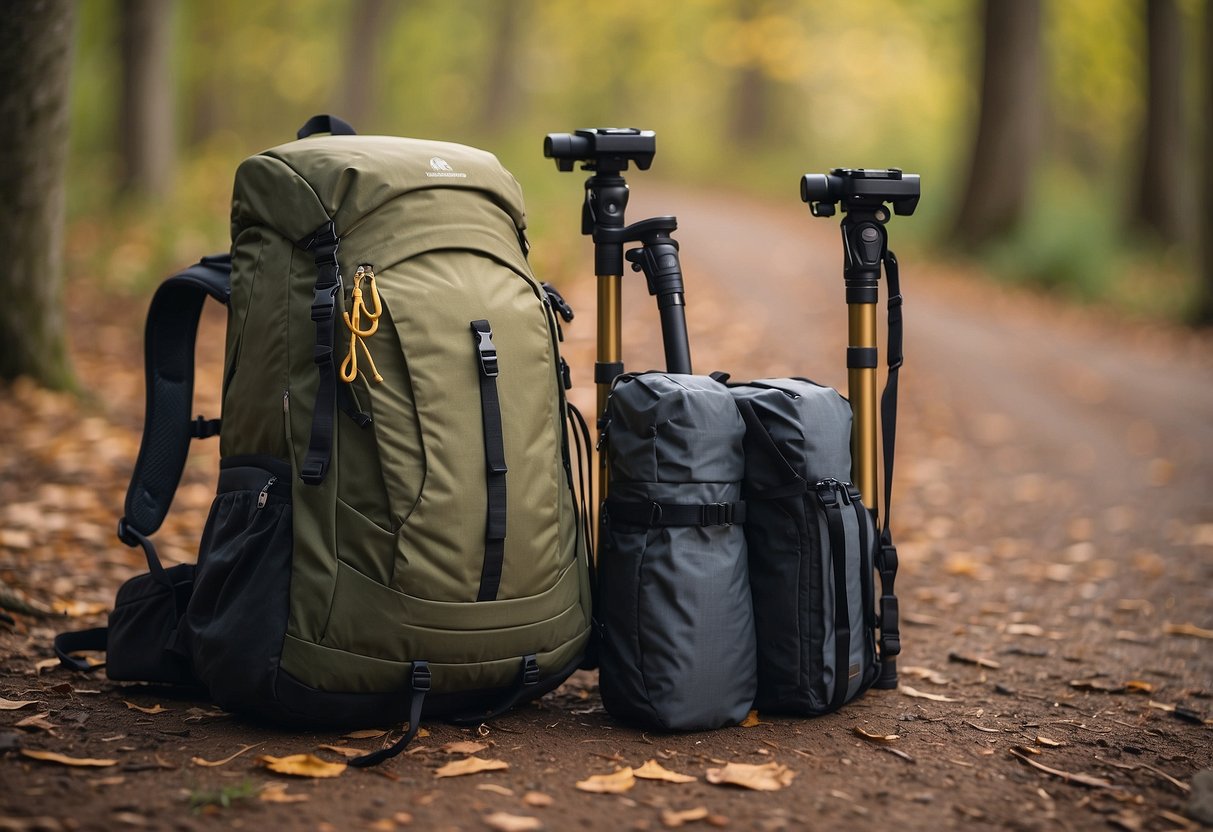 A lightweight foldable walking stick lays next to a backpack, surrounded by bird watching gear and 7 tips for reducing pack weight