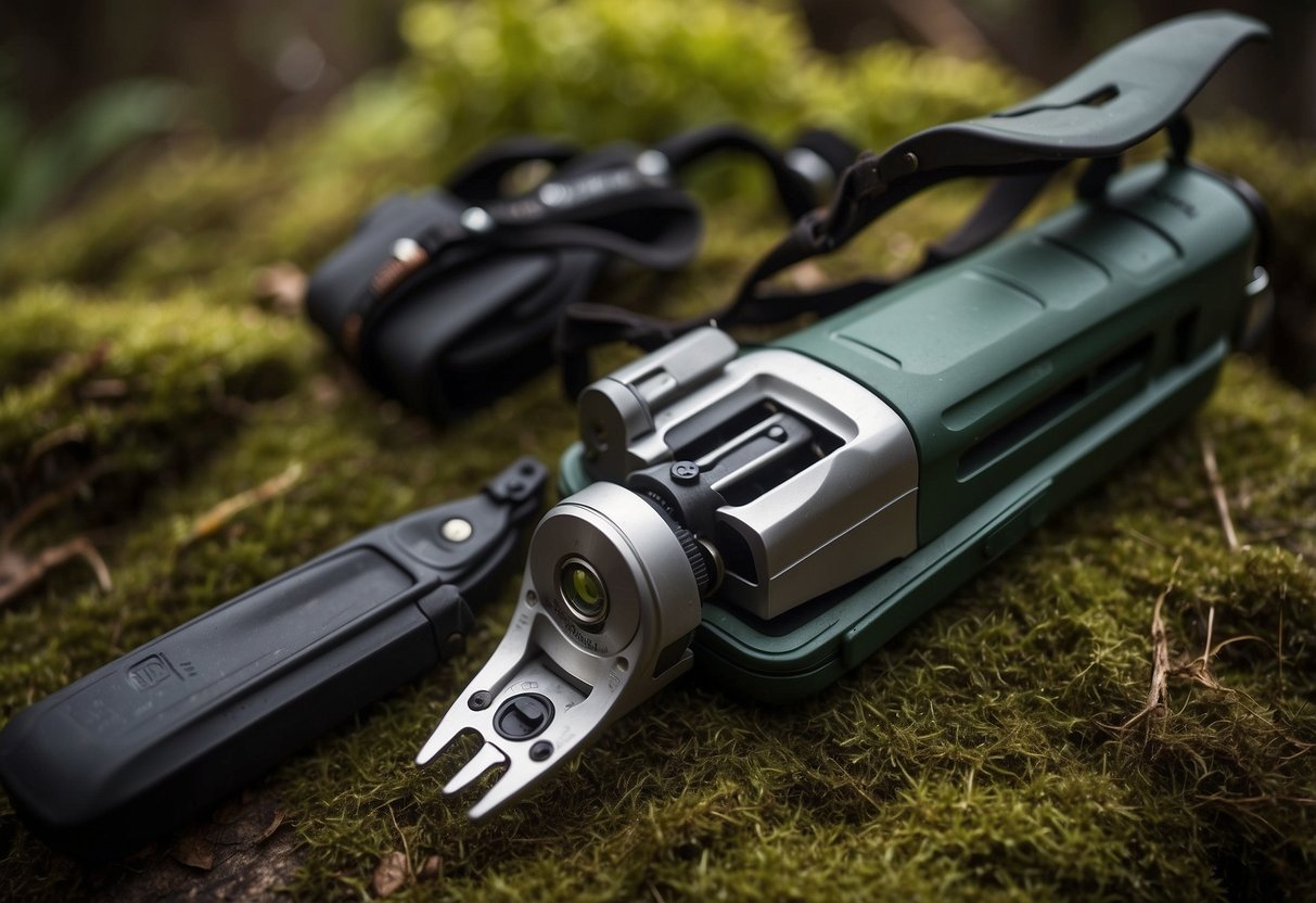 A multi-tool lays open, with bird identifiers visible. Nearby, a backpack is packed with lightweight gear for birdwatching trips