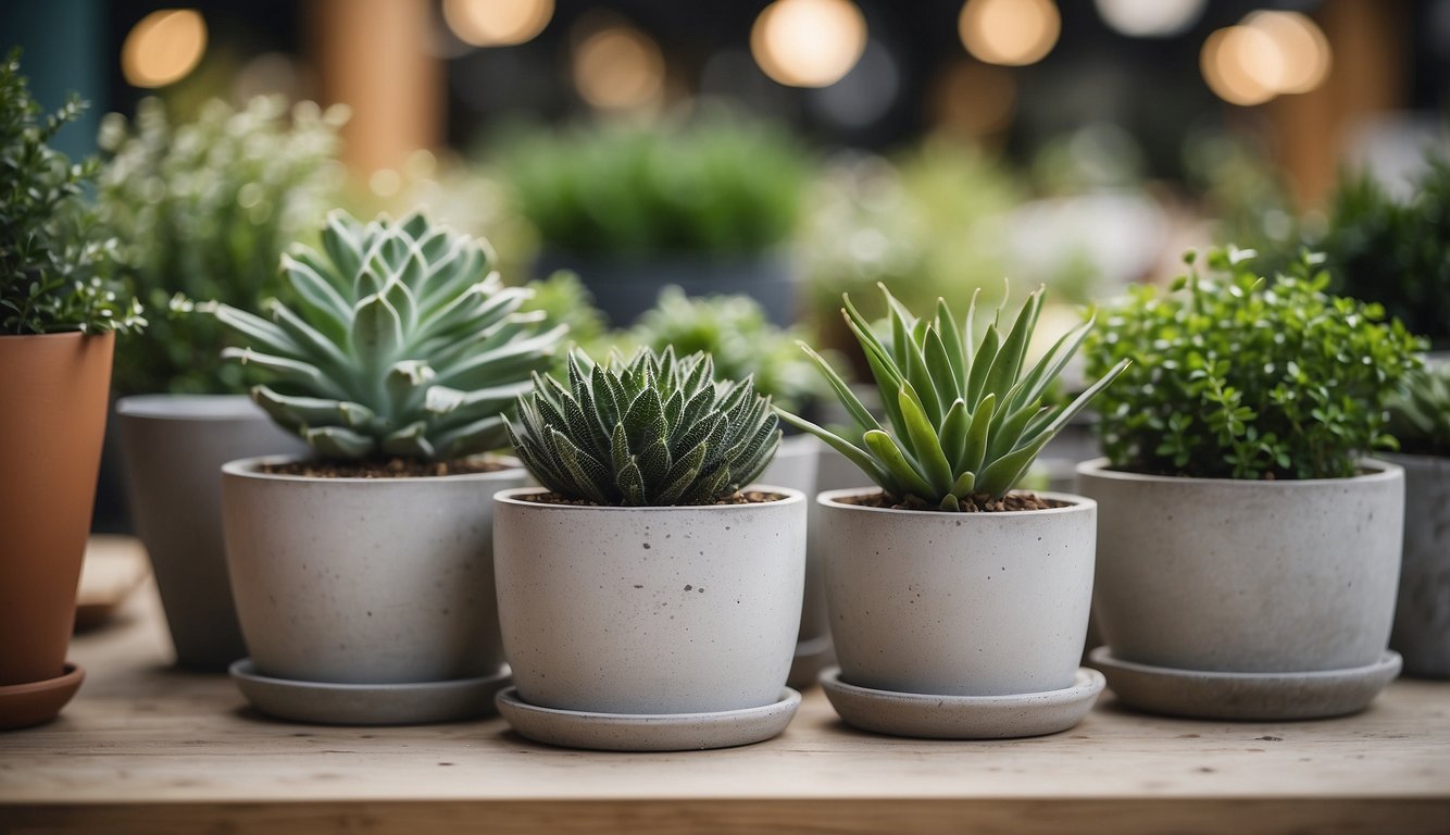 A variety of concrete planters are displayed on shelves and tables in a well-lit, modern garden center