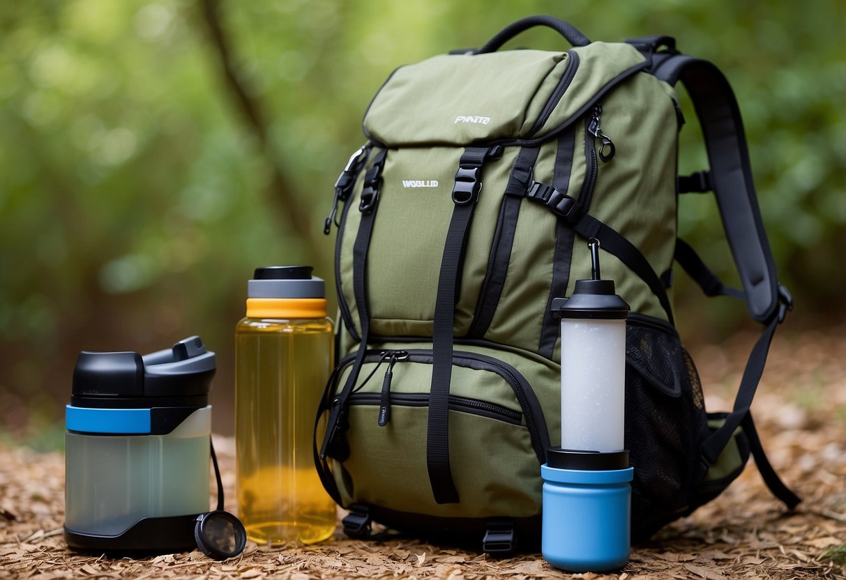 A compact water filtration system sits next to a lightweight bird watching backpack. Various items are being removed to reduce pack weight