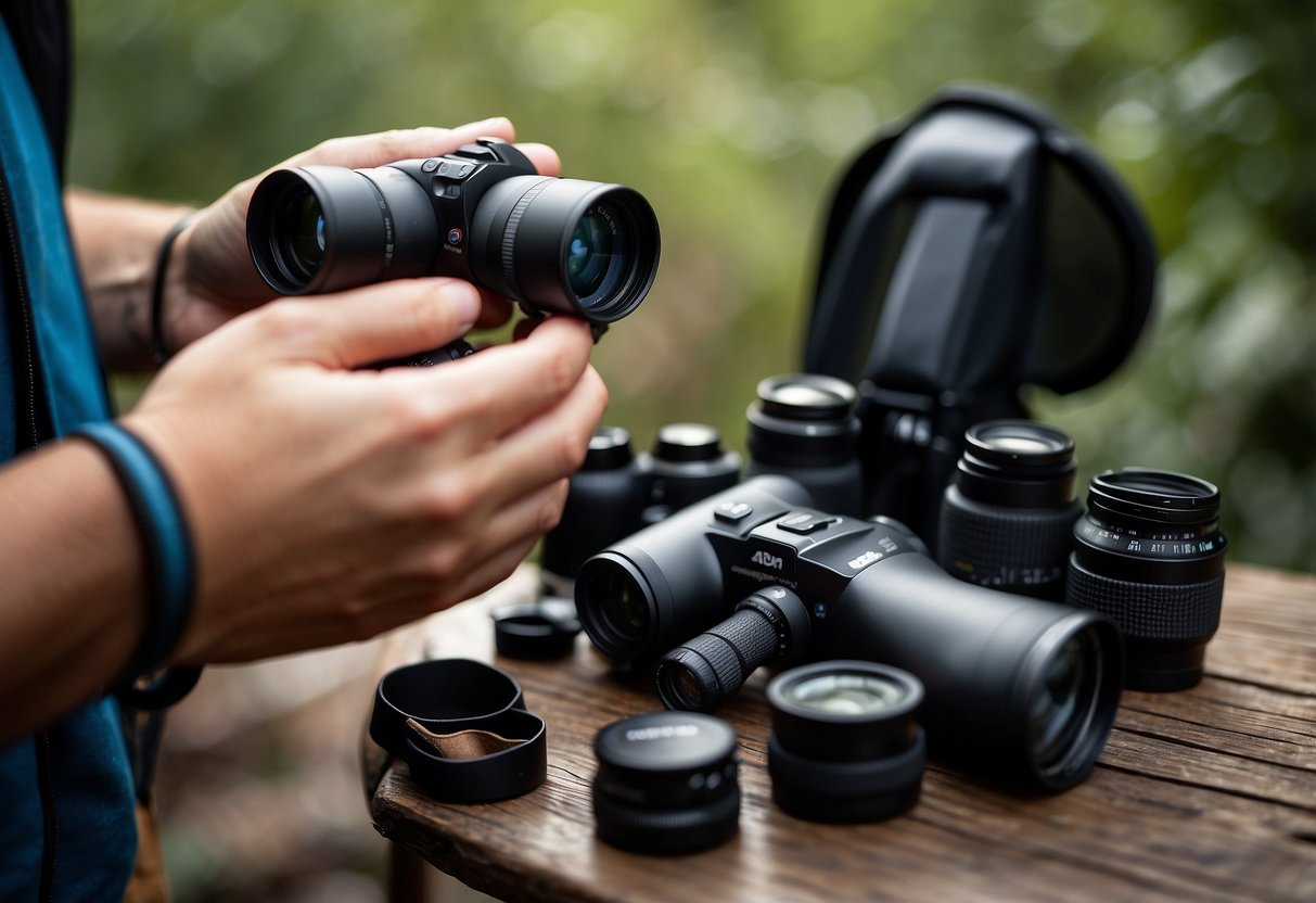 A person's hands selecting lightweight binoculars, a compact camera, and a small backpack with minimal birdwatching essentials