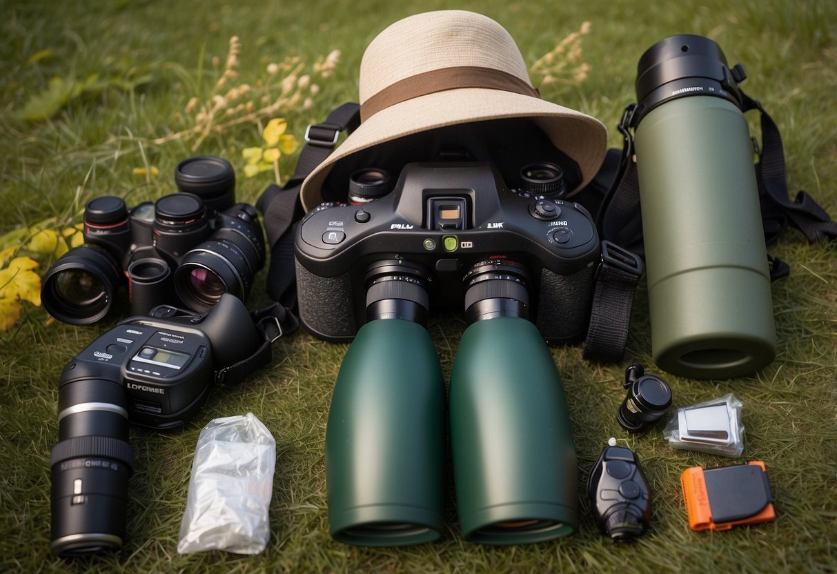 Bird watching gear laid out: binoculars, field guide, camera, water bottle, snacks, lightweight backpack, sun hat, and insect repellent