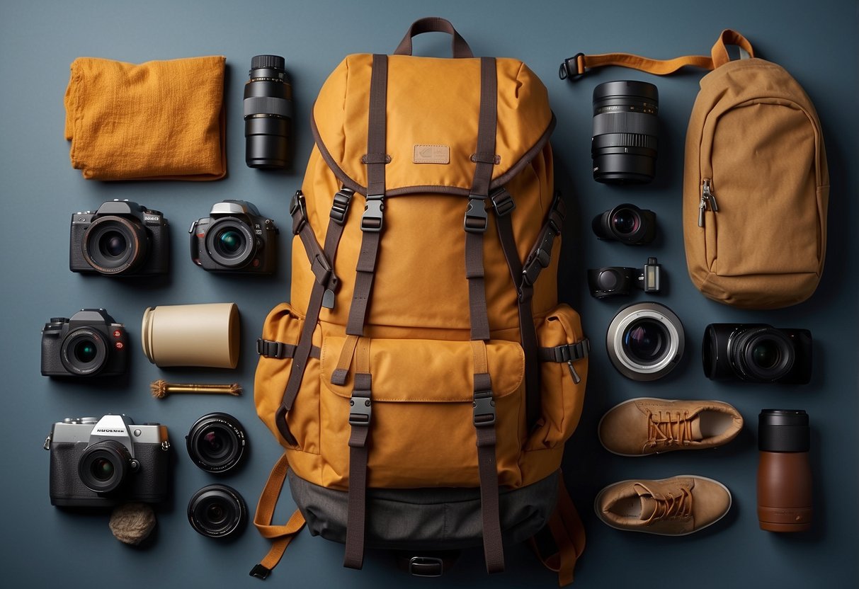 A backpack with bird watching gear, including lightweight clothing and layered items, laid out on a table