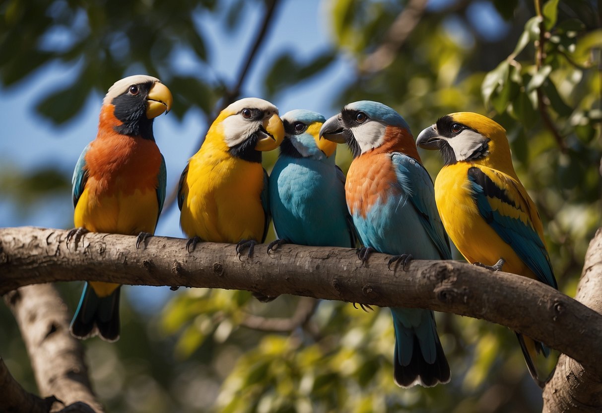 A group of colorful birds perched on tree branches, with binoculars and bird watching guides nearby. A cooler filled with drinks and snacks sits nearby