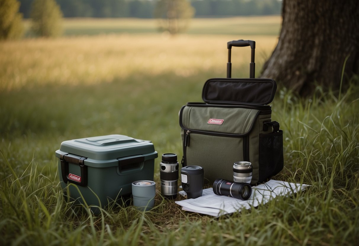 A Coleman Xtreme Portable Cooler sits open in a grassy field, surrounded by trees. A pair of binoculars and a bird identification book rest on top