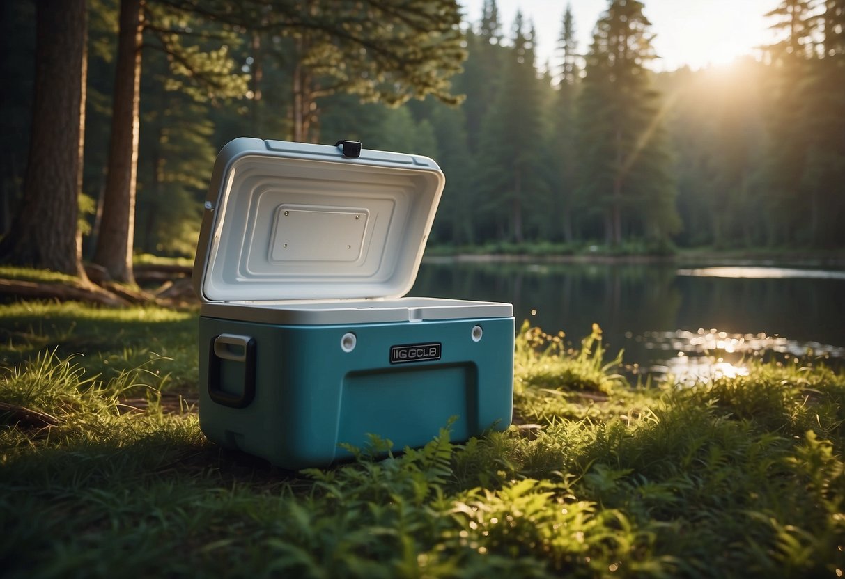 An Igloo MaxCold cooler sits open in a serene outdoor setting, surrounded by trees and wildlife. It is the perfect accessory for bird watching adventures