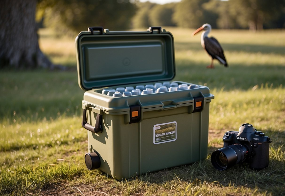 The Pelican Elite 20 Quart Cooler sits on a grassy field, surrounded by trees and with a clear blue sky above. A pair of binoculars and a bird watching guide are placed next to the cooler, indicating its use for bird watching