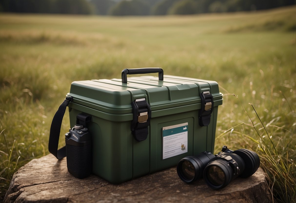 A sturdy, insulated cooler sits on a grassy knoll, surrounded by binoculars and bird guidebooks. A colorful array of bird feathers is scattered nearby