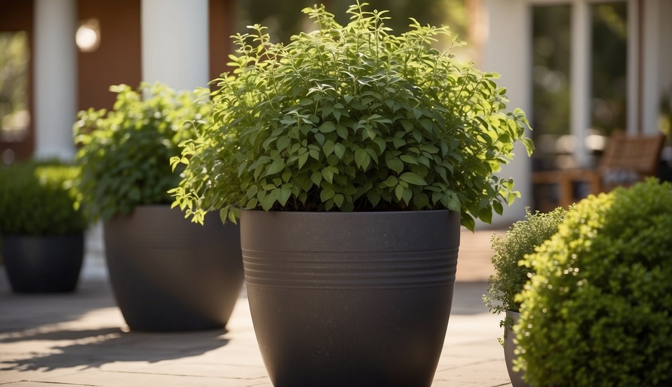 Several large plant pots arranged on a sunny patio. Green foliage spills over the edges, creating a lush and inviting outdoor space