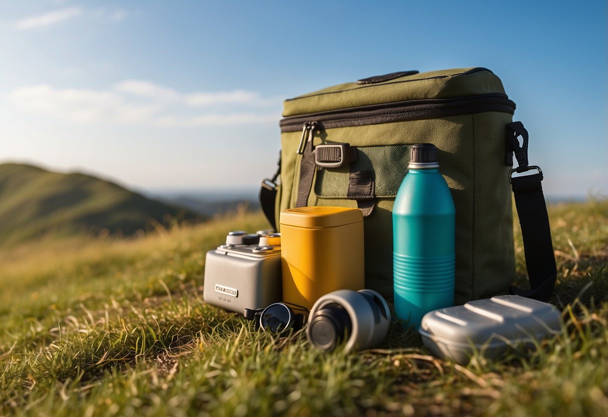 A birdwatcher's cooler sits open on a grassy hill, with binoculars, a field guide, and a water bottle visible inside. A pair of colorful birds flit nearby, catching the watcher's attention