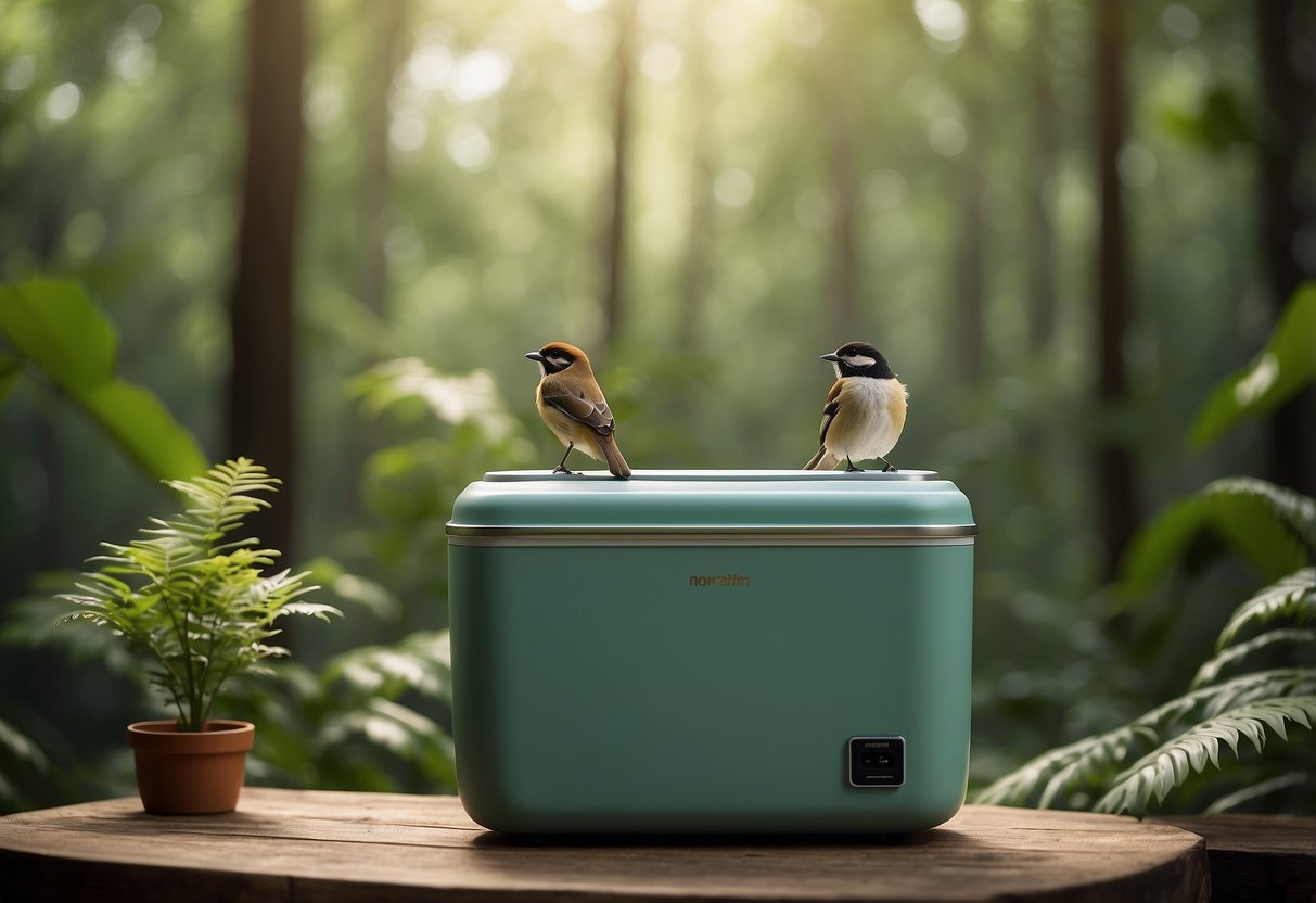 Lush forest backdrop with diverse bird species perched on eco-friendly coolers, surrounded by clean, natural surroundings