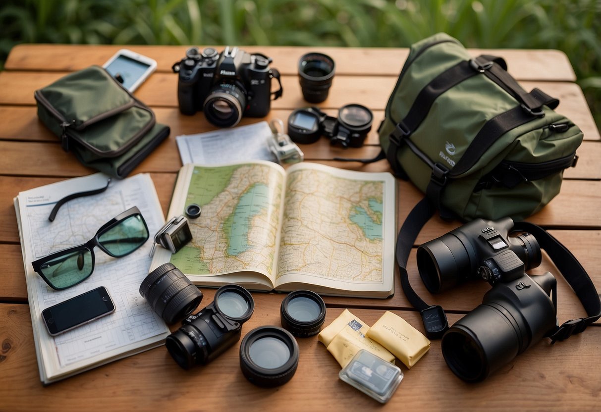 Bird watching gear laid out on a table: binoculars, field guide, notebook, and camera. Maps and checklists pinned to a corkboard. A backpack packed with water, snacks, and sunscreen