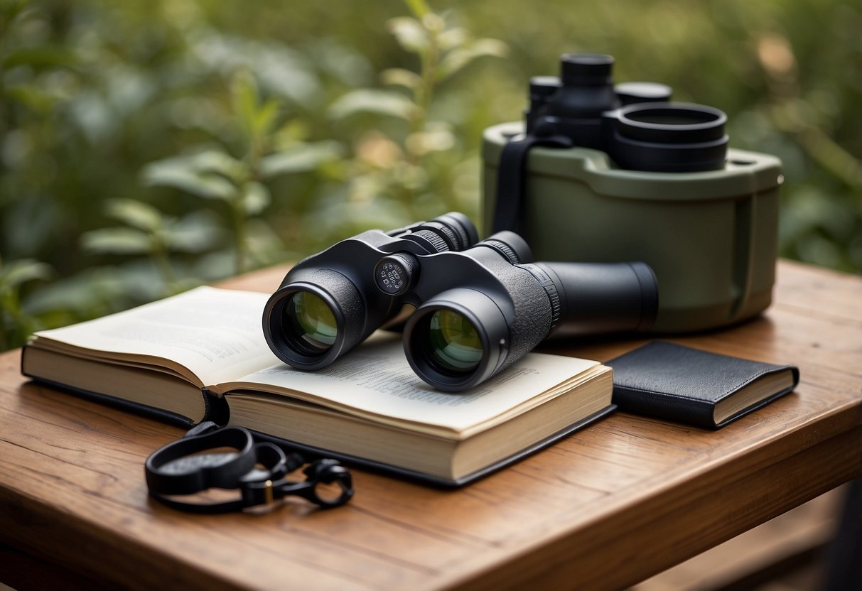 A pair of high-quality binoculars rests on a wooden table, surrounded by a field guide, notebook, and pencil. A bird feeder and lush foliage are visible through a nearby window