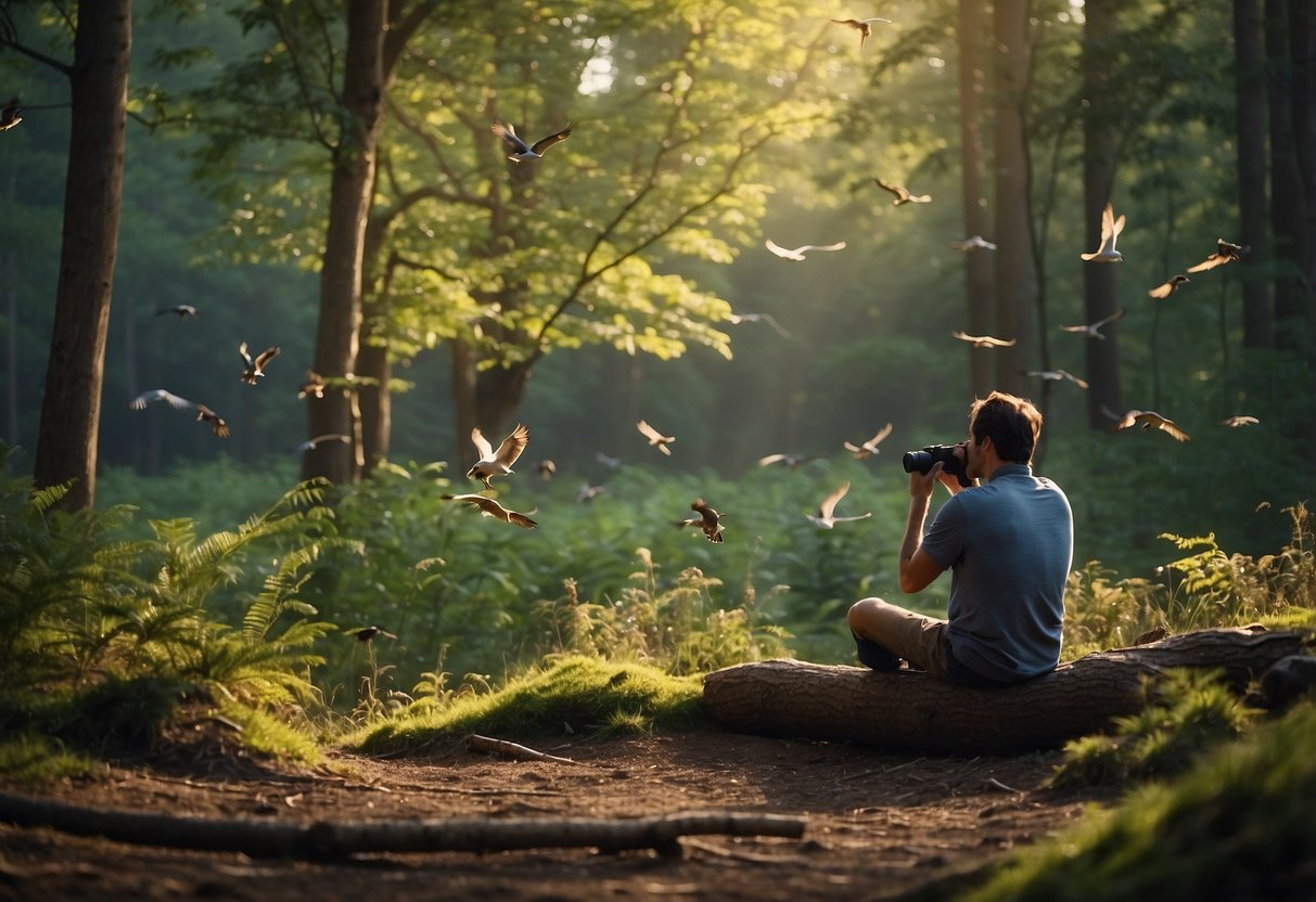 A serene forest clearing with a variety of colorful birds perched on branches and flying overhead. A person with binoculars and a notebook observes patiently