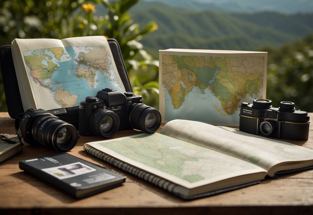 Birds in flight over a lush landscape, with a map and binoculars nearby. A guidebook and notebook lay open on a table, surrounded by bird identification charts and a camera