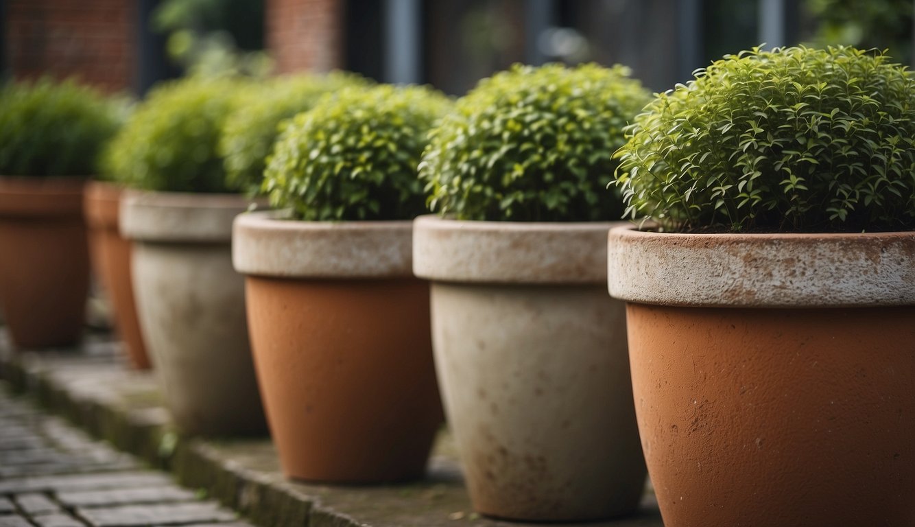 Large plant pots, made of sturdy terracotta, arranged in a garden. Weathered and aged, with moss and cracks adding character