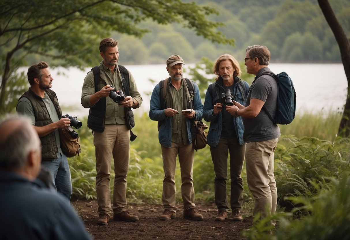 A group of bird watchers gather around a guide, eagerly listening as he shares tips for training for a bird watching trip. Binoculars and field guides are scattered around the group