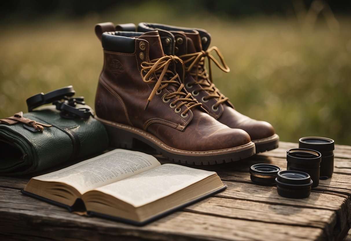 A journal lays open on a wooden table, surrounded by binoculars, field guide books, and a map. A pair of hiking boots sit nearby, ready for an adventure