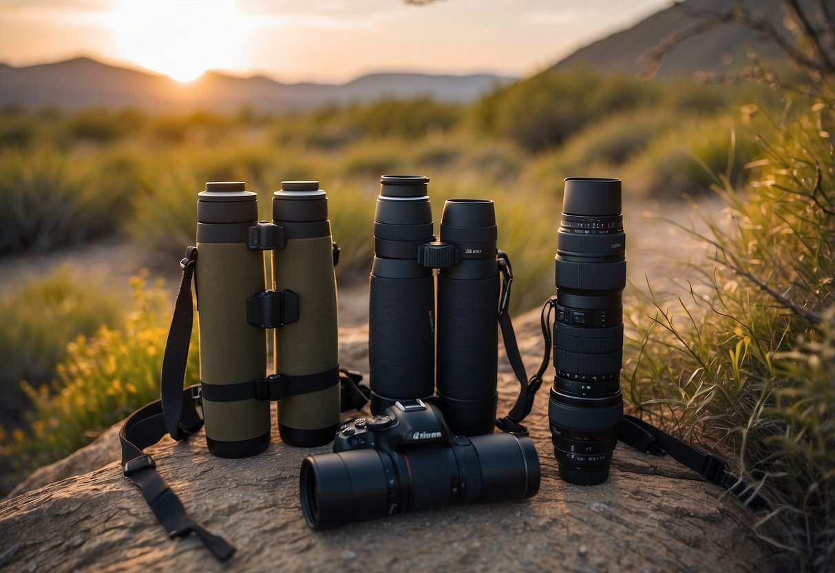 Birds in various habitats: forest, wetland, desert, mountain, and coastal. Binoculars, field guide, and camera in a backpack. Hiking boots on a path. Sunrise or sunset