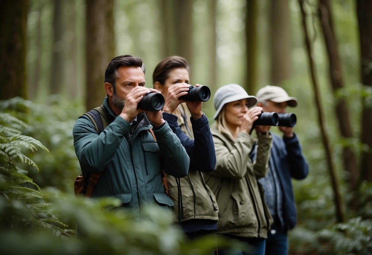 A group of bird watchers follows a guide through a forest, binoculars in hand, as they listen intently to the tips being shared