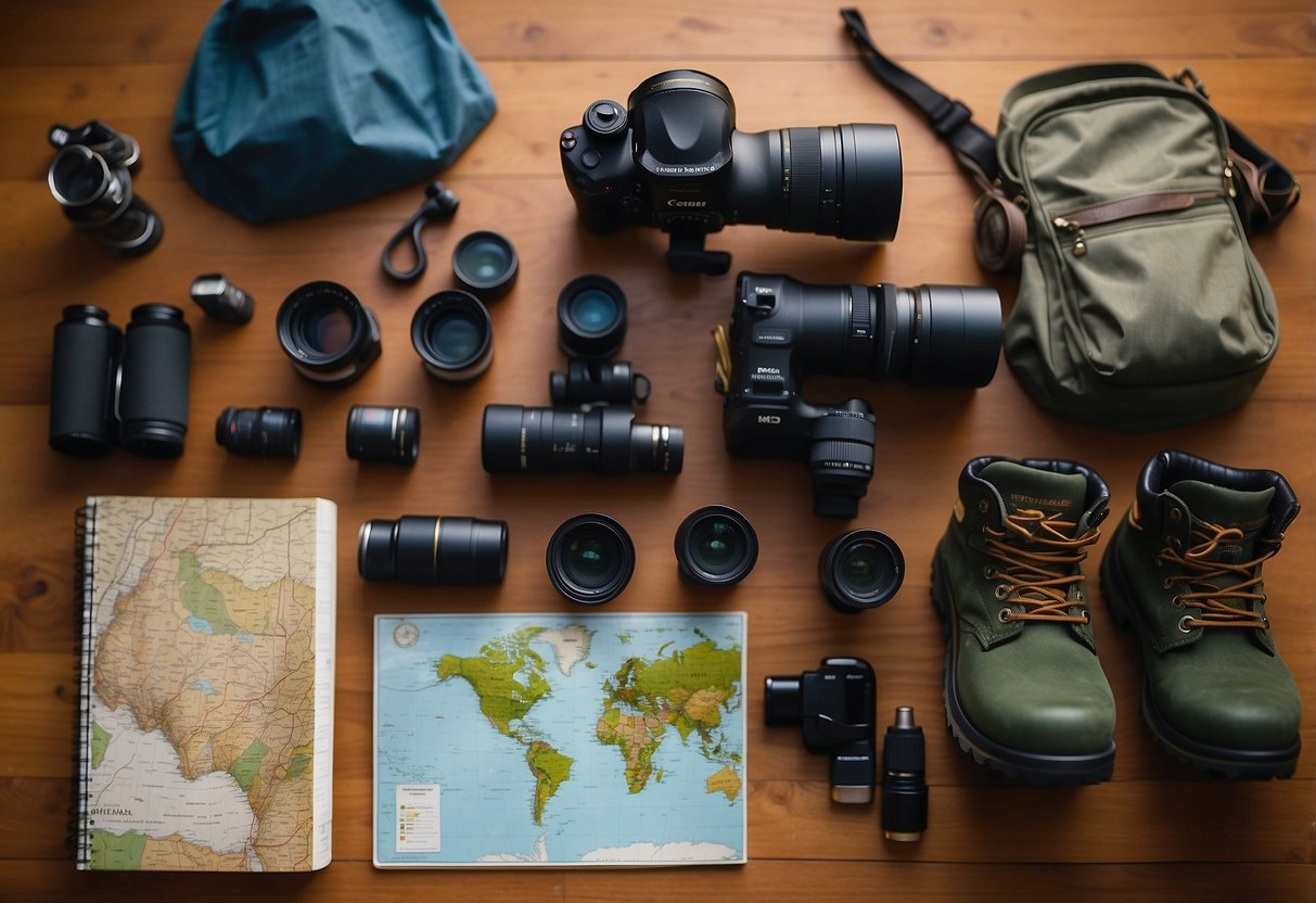 Bird watching gear laid out on a table, including binoculars, field guide, and hiking boots. A map and notebook sit nearby