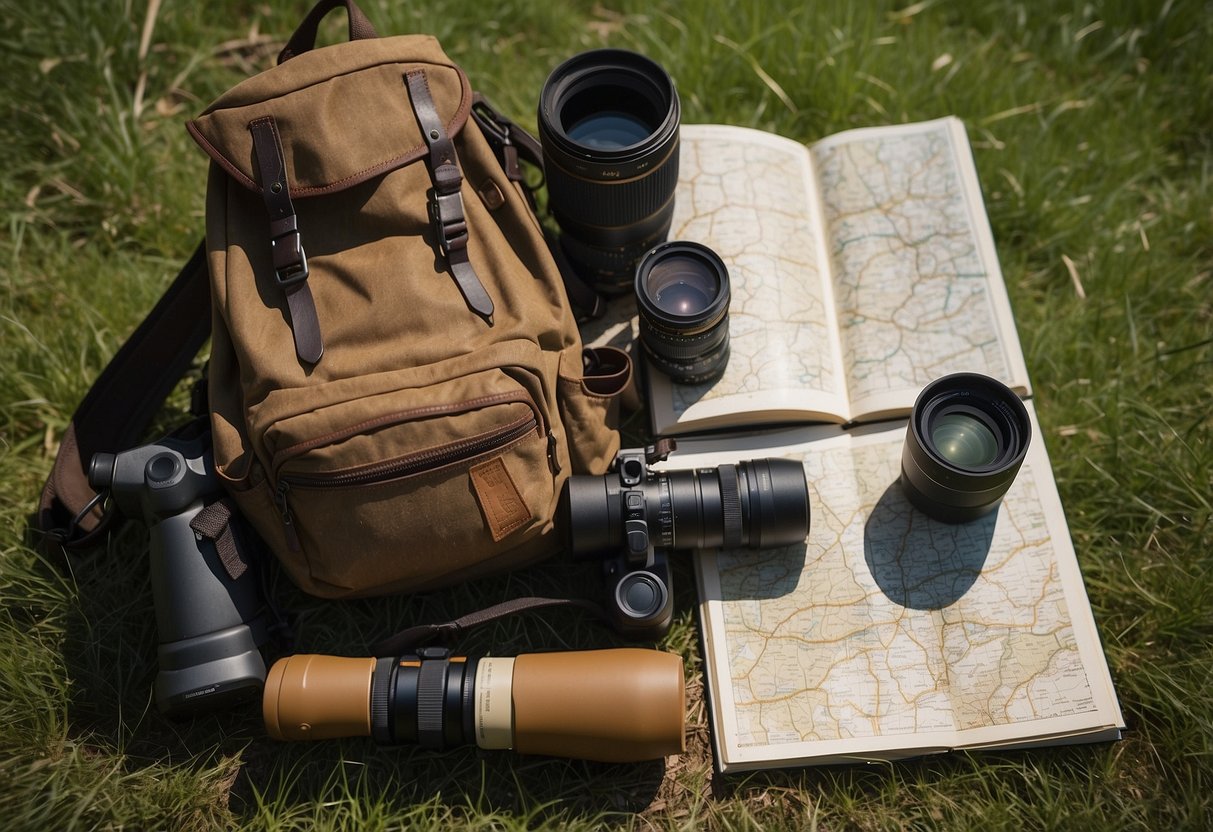 A backpack with binoculars, field guide, and camera. Hiking boots and a wide-brimmed hat. Map and notebook. Snacks and water bottle. Birding checklist and pen