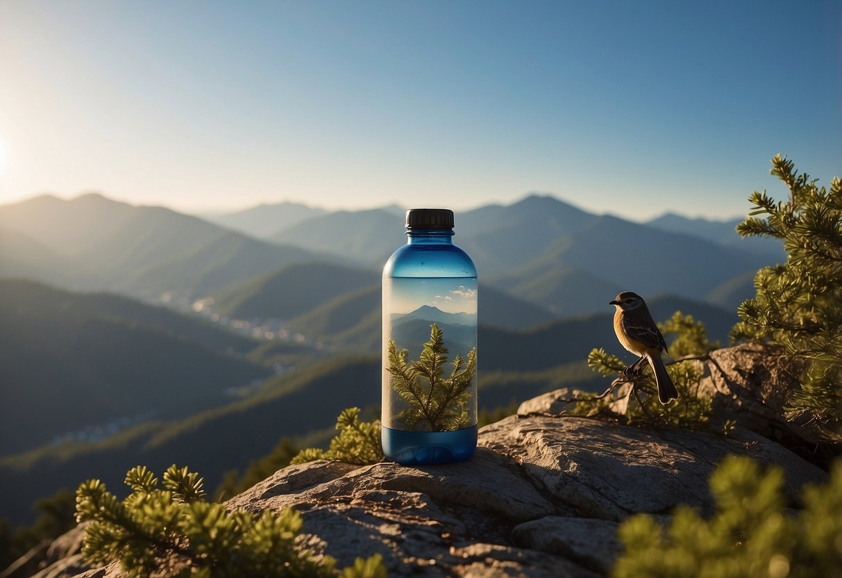 Birds perched on high mountain branches, as a hiker struggles with altitude sickness. Water bottle and medication nearby. Skyline in the background