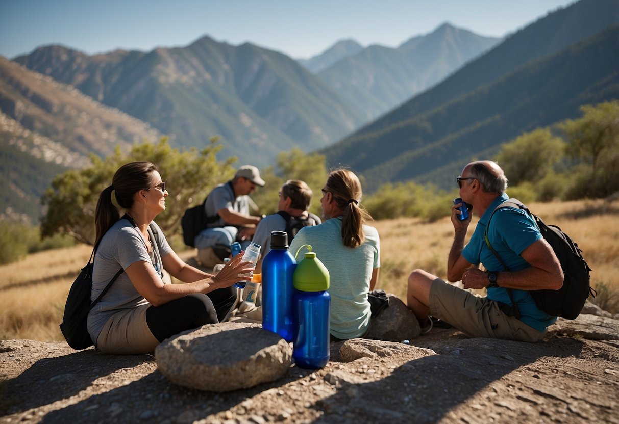 Bird watchers in mountainous area, sipping water from reusable bottles. Some holding altitude sickness medication. Others resting in shade. Bright sun and clear blue sky