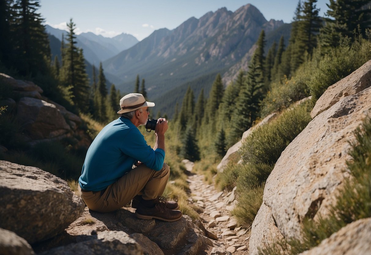 A bird watcher sits on a rocky mountain trail, surrounded by tall peaks and a clear blue sky. They pause to catch their breath, sipping water and taking in the breathtaking view