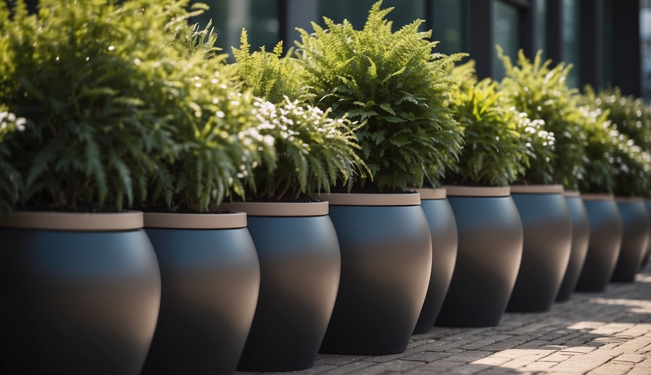 Large plant pots are arranged in a staggered formation, with some placed on the ground and others elevated on stands. The pots are positioned to create visual interest and depth in the space