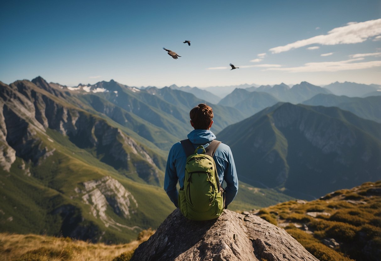 Birds soar above a mountain range. A hiker struggles with altitude sickness, holding their head in discomfort. A guide offers water and advice