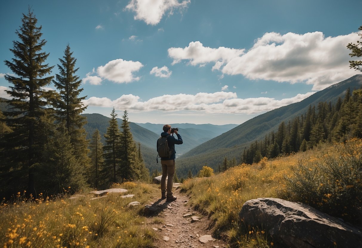 A bird watcher stands on a mountain trail, surrounded by tall trees and a clear blue sky. They hold a pair of binoculars and look out at a flock of colorful birds flying overhead