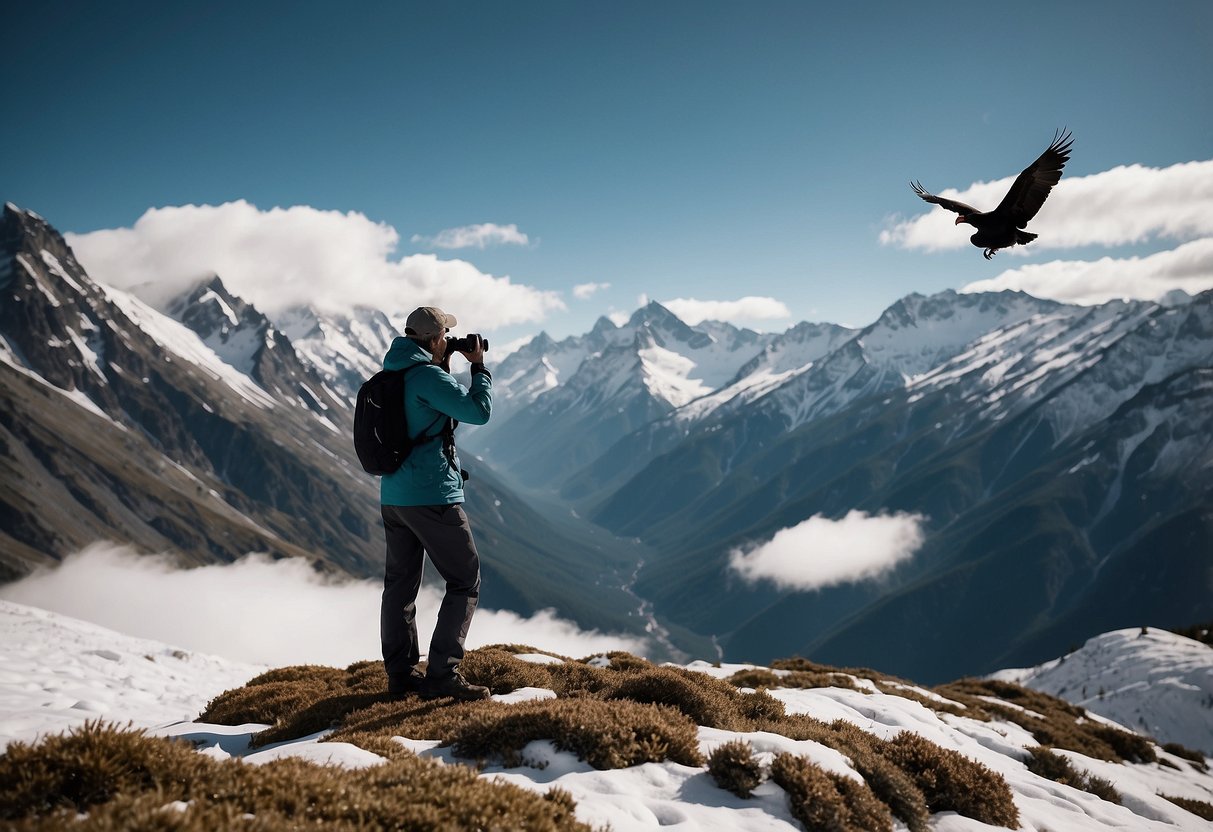 Birds soaring high above snow-capped mountains, a lone figure watches through binoculars. The air thins, causing dizziness and nausea. A water bottle and altitude sickness medication sit nearby