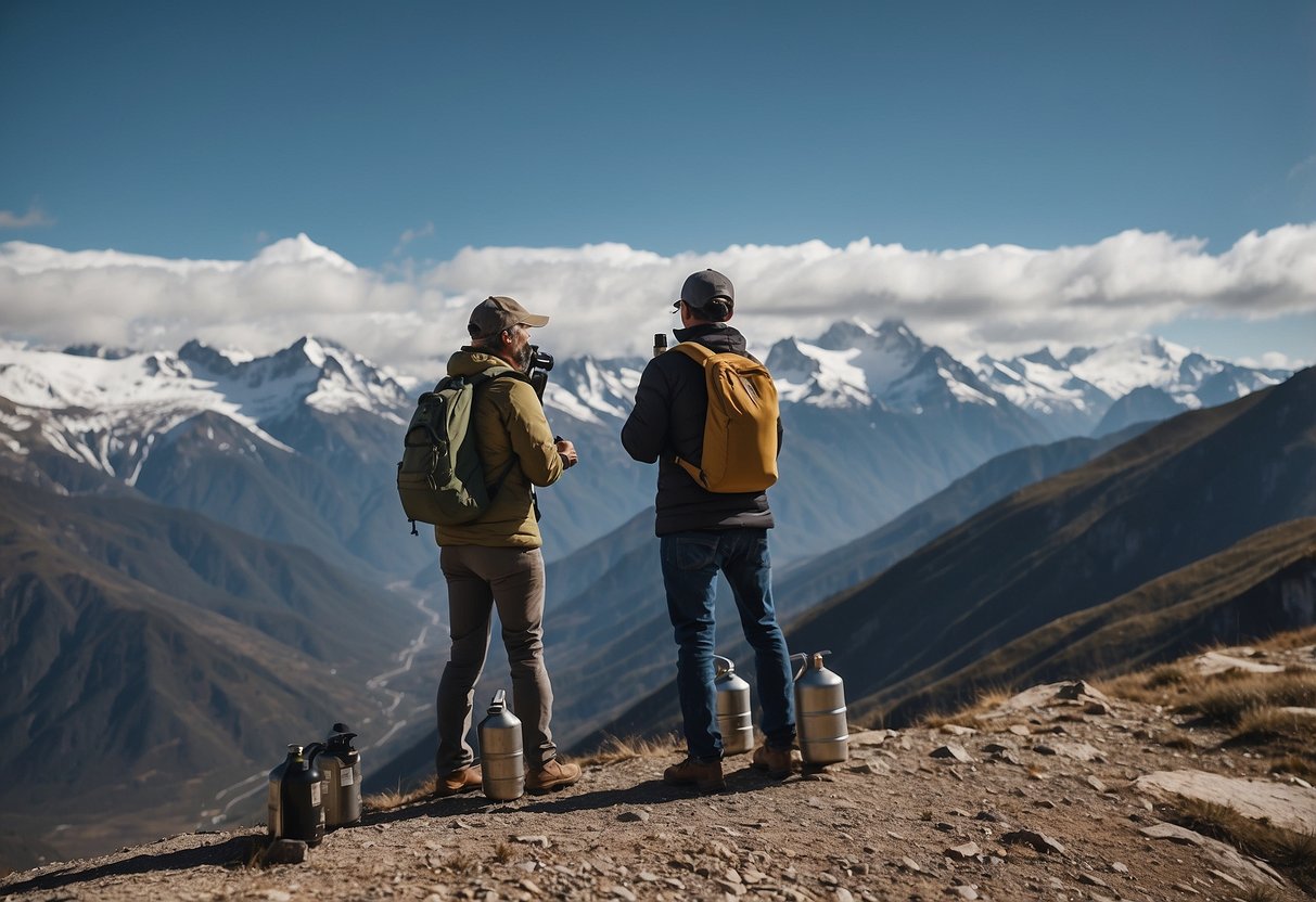 Bird watchers using oxygen cans at high altitude, surrounded by mountains and birds. They follow 7 tips for altitude sickness