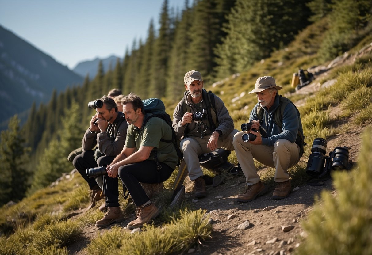 A group of bird watchers gather supplies and take precautions for high altitude. They drink plenty of water and carry medication. They set up their binoculars and cameras, ready for a day of bird watching