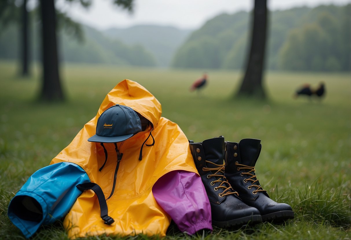 Brightly colored rain jackets, hats, and boots laid out on a grassy field with binoculars and a bird guidebook nearby. A light drizzle falls as birds flit about in the trees