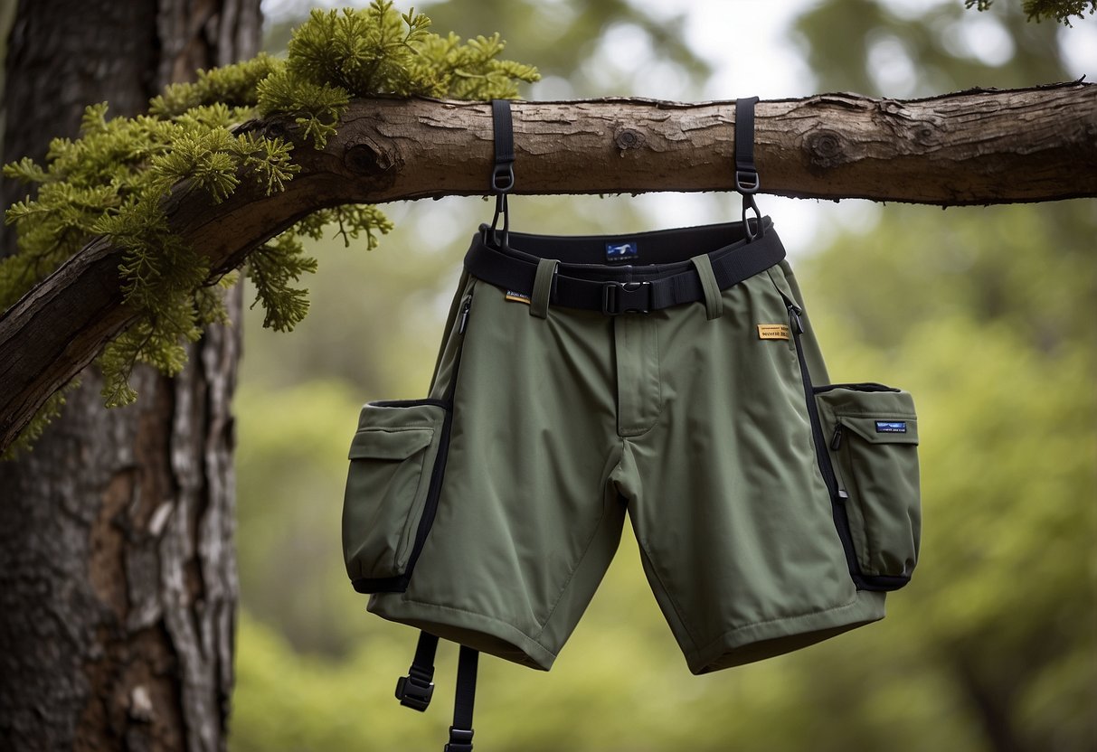 A pair of Patagonia Torrentshell 3L pants hangs on a tree branch, with binoculars and a bird guide book nearby, ready for a bird watching adventure